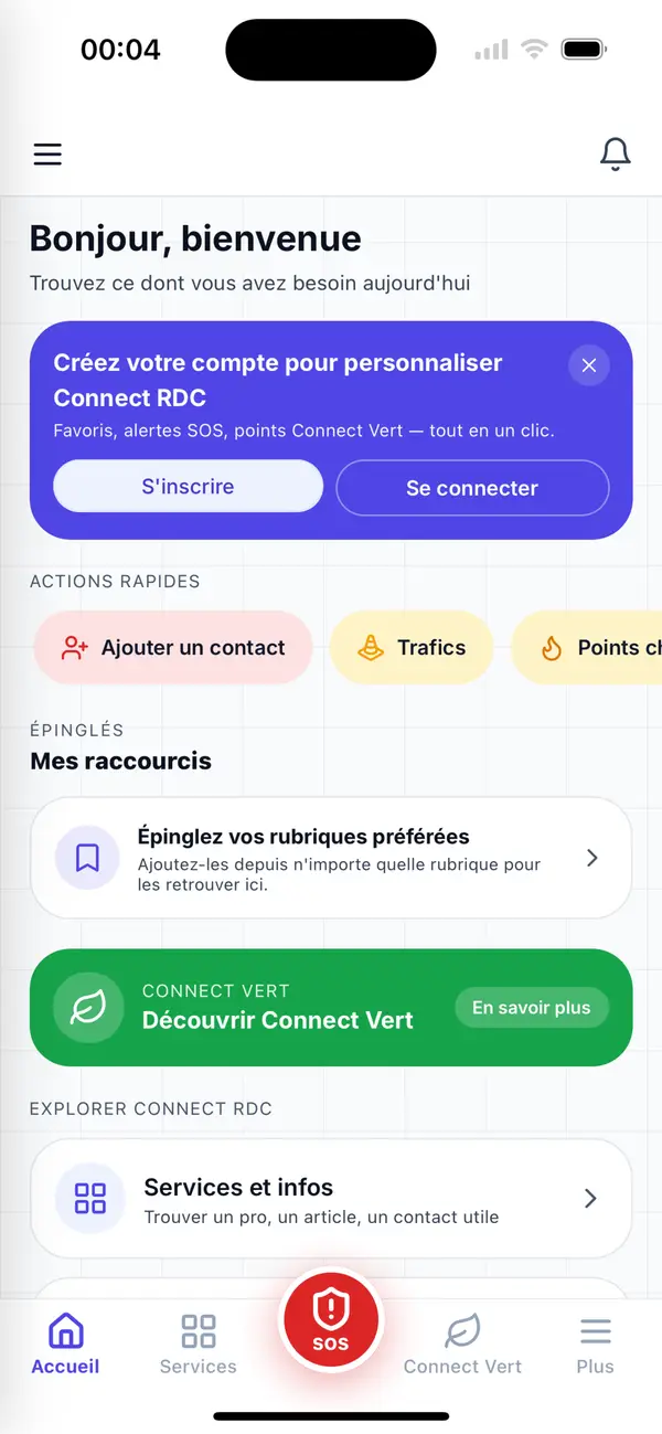 Écran d'accueil de l'application Connect RDC